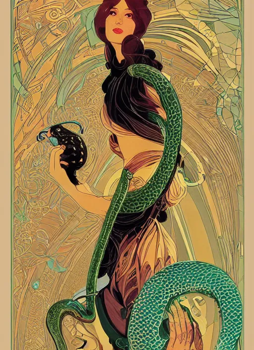 Image similar to an art nouveau illustration of a futuristic girl holding a snake by victo ngai, kilian eng, john berkey and norman rockwell