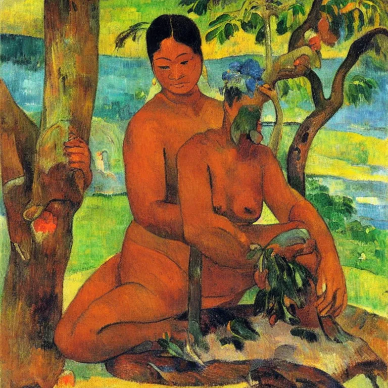 Image similar to Woman from Tahiti sculpting the god of love from a tree trunk. Painting by Gauguin