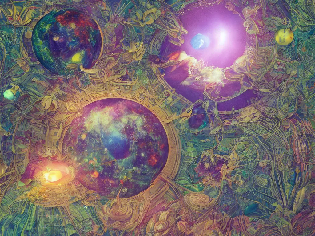 Image similar to 3 d render, sunlight study, the universe is a spheroid region 7 0 5 meters in diameter, art nouveau, by maria sibylla merian and ( ( ( ( ( lisa frank ) ) ) ) ), 8 k, sharp focus, octane render