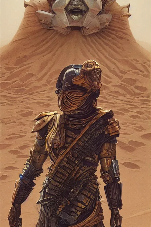 Prompt: dune themed brutal sardaukar warrior, desert breathing armor, graffiti, sketch by sachin teng, moebius, artgerm, michael cheval, esao andrews, francois boucher, masterpiece, intricate organic painting, matte painting, hard edges, highly detailed, cinematic lighting character art movie poster by drew struzan