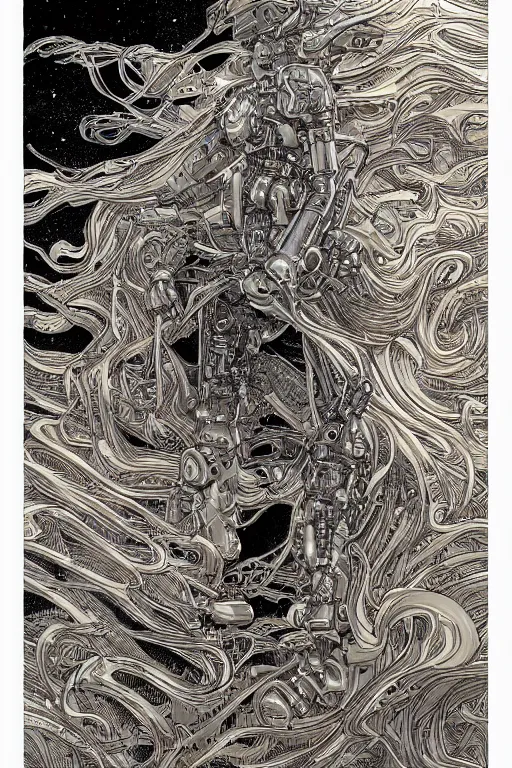 Image similar to gold and silver tones, cybernetic war, style of moebius, james jean, mcbess, cinematic, highly detailed, award winning, 8 k photorealistic