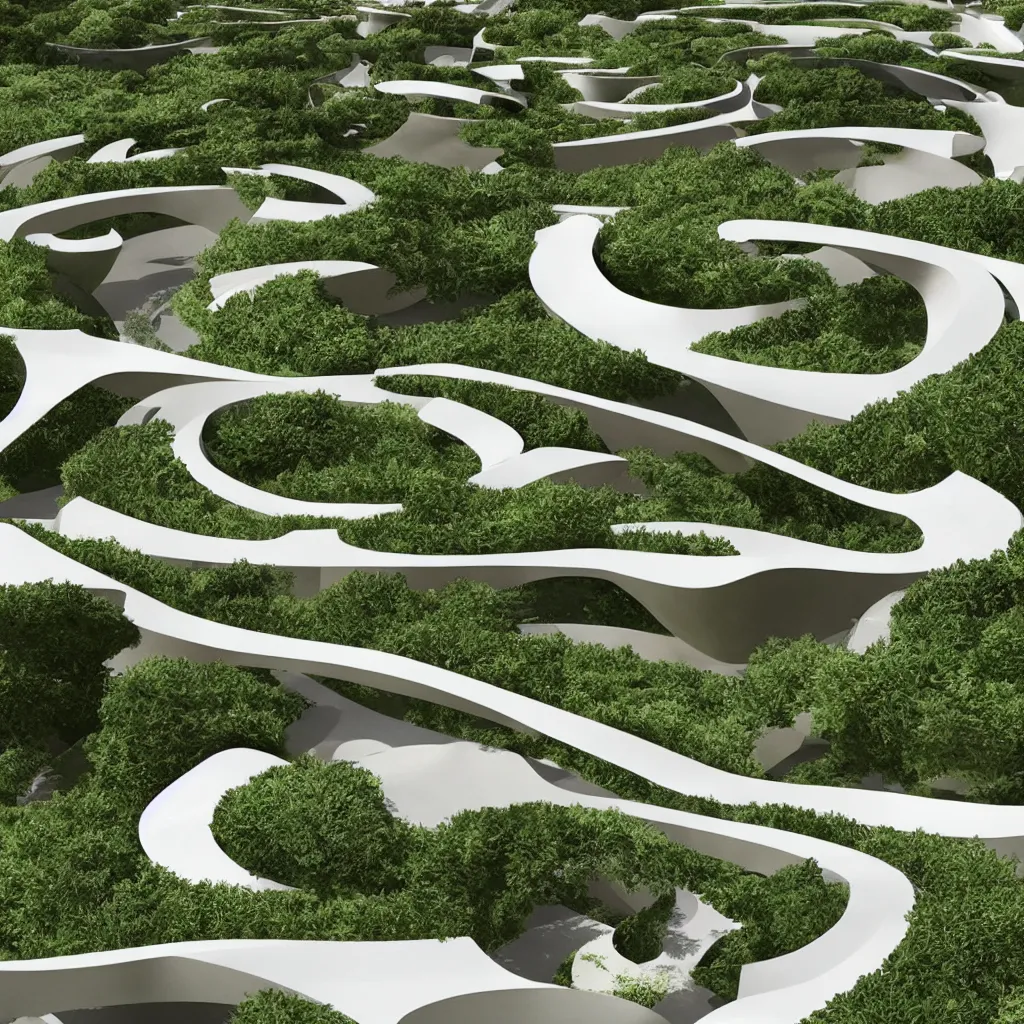 Prompt: “ an incredibly smooth curvilinear architectural immersive physical sculpture, unfolding continuous golden surfaces enclose a visually satisfying garden designed by zaha hadid, architecture render ”