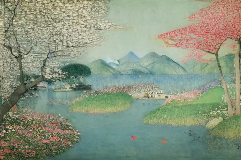 Prompt: an ultradetailed landscape painting of westlake in china hangzhou, may flowers blossoms nearby, autumn wind, chinese water color, smooth, sharp focus, illustration, by hilma af klint, 8 k