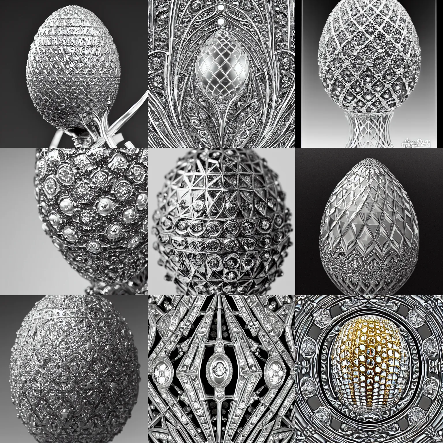 Prompt: faberge egg gold silver diamonds enamel, bw, shot on 7 0 mm, depth of field, f / 2. 8, high contrast, 1 6 k, volumetric lighting, shiny, insanely detailed and intricate, hypermaximalist, elegant, ornate, fractals, hyper realistic, super detailed