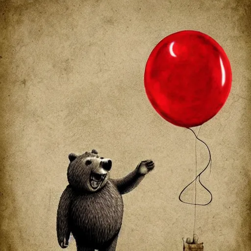 Image similar to surrealism grunge cartoon portrait sketch of a bear with a wide smile and a red balloon by - michael karcz, loony toons style, mad max style, horror theme, detailed, elegant, intricate