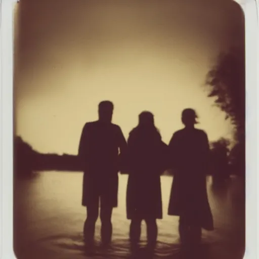 Image similar to an old polaroid of the silhouette of three friends standing in front of a flooded german town, chiaroscuro, nostalgic, with a lot of sentimental value, good old memories