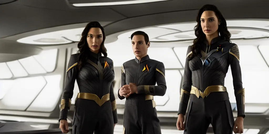 Image similar to Gal Gadot, in full starfleet uniform, is the captain of the starship Enterprise in the new Star Trek movie