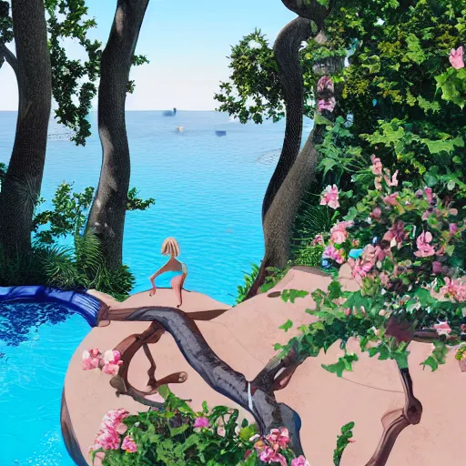 Prompt: a view from a tree at the neighbour's swimming pool in which there is a beautiful mermaid trending on artstation