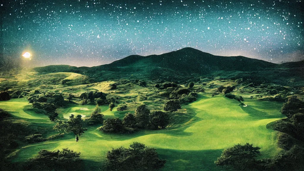 Image similar to night time double exposure birds eye view of a perfect elysian dreamlike green hilly pastoral psychedelic golf course landscape under stars with stone walls, memory trapped in eternal time, golden hour, dark sky, evening starlight, stone walls, haunted vintage glitch psychedelic cosmic Polaroid by Hiroshi Yoshida