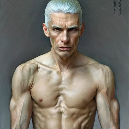 Prompt: skinny male, slightly muscular, white hair, long hair, highly detailed, sharp focus, digital paining, character concept art, art by joseph leyendecker, donato giancola, dean cornwell, ruan jia, ayami kojima, alphonse mucha, cedric peyravernay, tom bagshaw