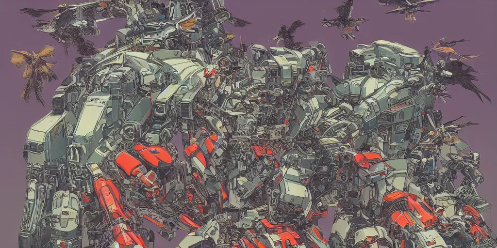 Prompt: gigantic mecha arzach birds with bombs, human faces catch tiny rats, a lot of exotic animals around, big human faces everywhere, helicopters and tremendous birds, risograph by satoshi kon and moebius, matte bright colors, surreal design, super - detailed, a lot of tiny details, fullshot