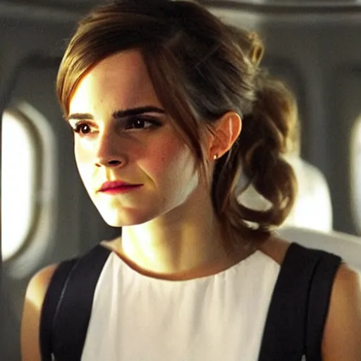 Image similar to emma watson, inside airplane, film still, instagram,