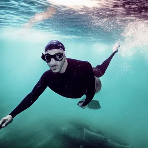 Image similar to A man swimming underwater, there is a submarine behind him