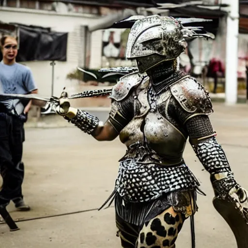 Prompt: photo of a female warrior wearing metal jaguar armour