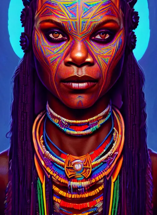 Image similar to portrait of zoe saldana, hyper detailed ultra sharp aztec shaman warrior. trending on artstation, warpaint aesthetic, bloodwave, colorful, psychedelic, ornate, intricate, digital painting, concept art, smooth, sharp focus, illustration, art by artgerm and greg rutkowski and h. r. giger, 8 k