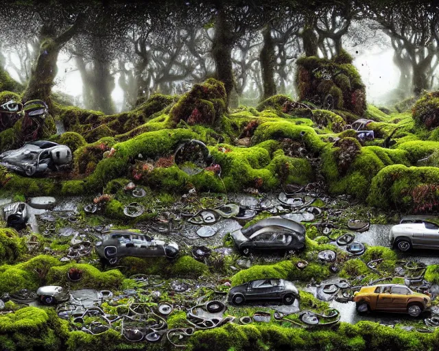 Image similar to panoramic view, superintelligent ecological matrix of moss and lichen dotted biomechanical trees growing on junkyard heaps of electronics and automobiles among puddles of glistening oil, artists bev doolittle and philippe caza, high contrast cinematic light, mystical shadows, sharp focus, octane render, three dimensional autostereogram optical illusion, repeating patterns, symmetrical seamless tile