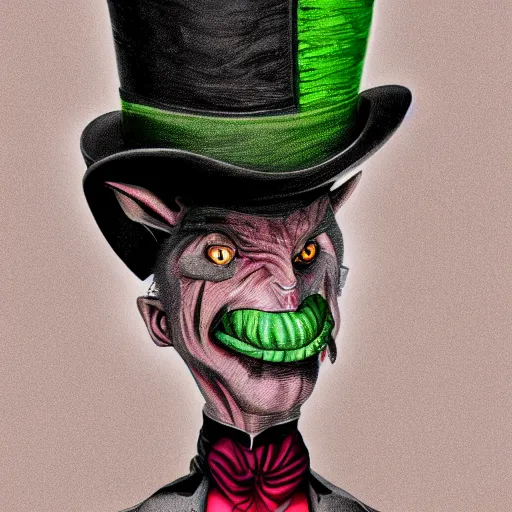 Image similar to a cartoonishly evil goblin, supervillain, top hat and luxurious handlebar moustache, green skin, cartoon style, d & d character portrait, victorian clothing, digital art, 8 k,