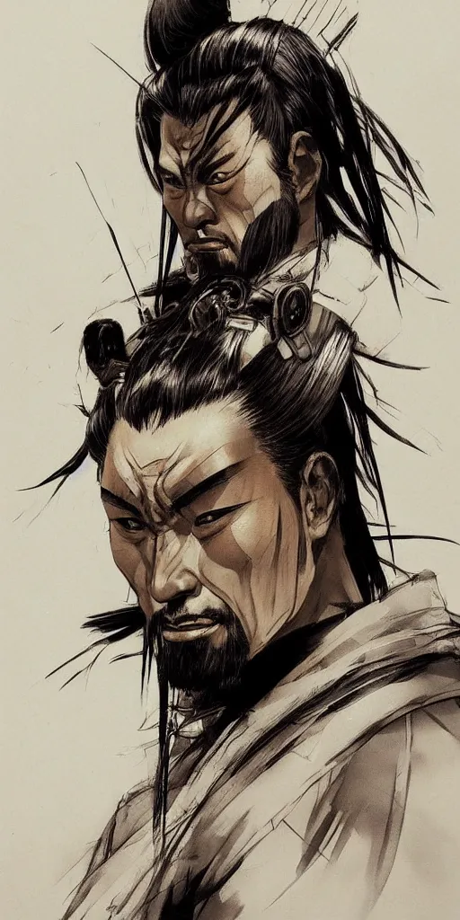 Image similar to portrait of a samurai with iron hair by Simon bisley, hyper detailled, trending on artstation