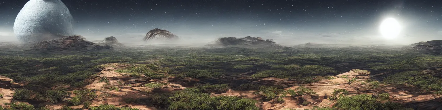 Image similar to an amazing scenic view from an alien world, photo. Hyperrealism