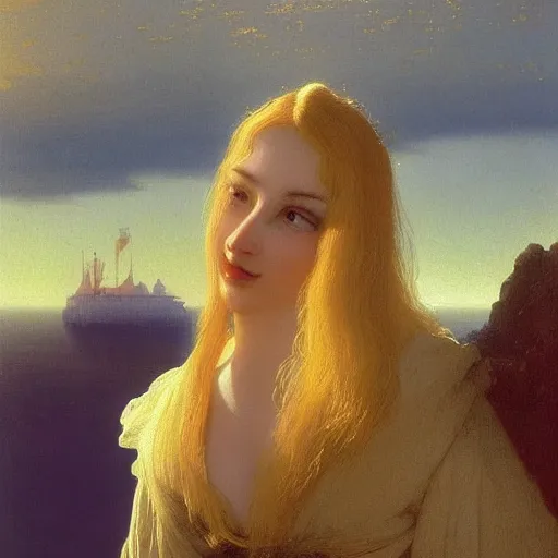 Image similar to a young woman's face, her hair is gold and she wears an cobalt blue satin cloak, by ivan aivazovsky and syd mead and moebius and gaston bussiere and roger dean and pieter claesz and paul delaroche and alma tadema and aelbert cuyp and willem claesz, hyperrealistic, volumetric light, octane render