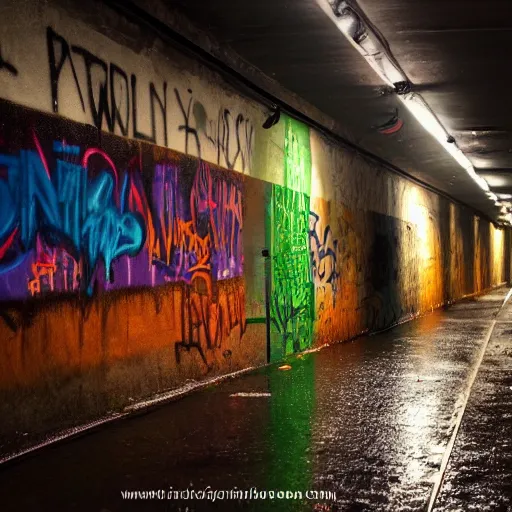 Prompt: dimly lit urban tunnel filled with beautiful graffiti,rainy,striking