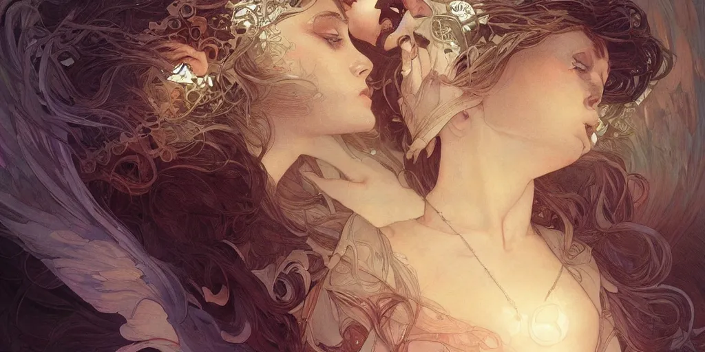 Prompt: broken heart in silence, masterpiece, cinematic, powerful, moon beams dramatic light, highly, intricate elements, hollow souls, detailed, digital painting, artstation, concept art, sharp focus, contrasty, illustration, art by artgerm and greg rutkowski and alphonse mucha, mitch foust, elaborate composition, intricate story