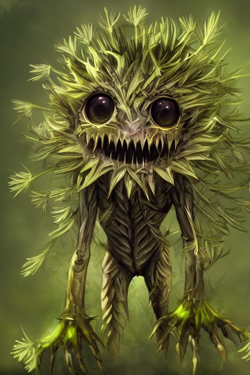 Image similar to a humanoid figure dandelion moss plant monster thistle armour, large eyes and menacing smile, highly detailed, digital art, sharp focus, trending on art station, anime art style