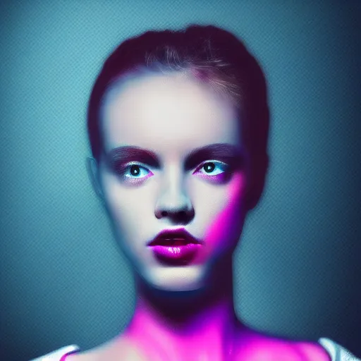 Image similar to a digital art of a beautiful woman. moody and melanchonic. with a little bit of cyan and pink