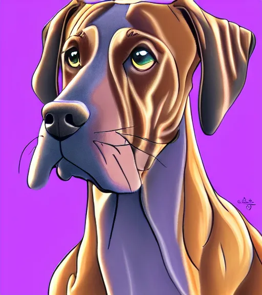 Prompt: plott hound after a purple ball full color digital illustration in the style of don bluth, artgerm, artstation trending, 4 k