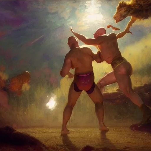 Image similar to bald wrestler breaking blonde wrestler's back, radiant light, caustics, heroic, bright iridescent light, by gaston bussiere, bayard wu, greg rutkowski, maxim verehin, epic wrestling combat, legendary