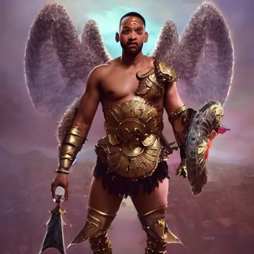 Prompt: will smith dressed as a gladiator and with angel wings fights against demons, matte painting, bold shapes, hard edges, street art, trending on artstation, by huang guangjian and gil elvgren and sachin teng