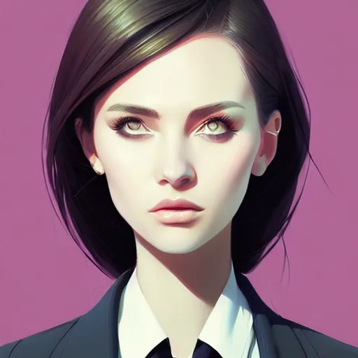 Image similar to young female in black jacket suit, muted colors, matte print, pastel colors, 2d, ultra highly detailed, smooth, sharp focus, digital art, digital painting, fan art, elegant, artstation, head is centered, by Ilya Kuvshinov