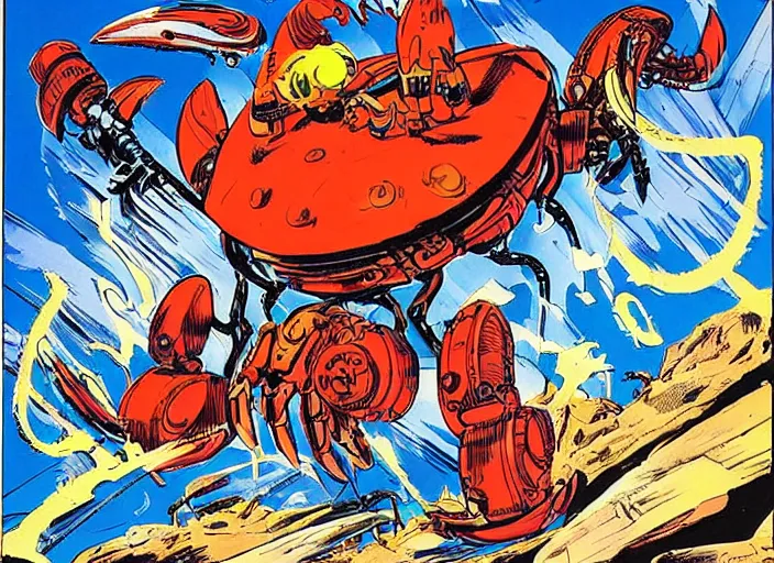 Image similar to comic book cover of a giant mechanical crab at the grand canyon by jack kirby!!! and simon bisley, epic, awesome bright color palette, hard contrast, black ink outlines