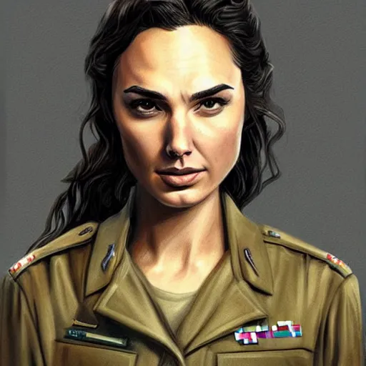 Prompt: a detailed and complex, highly detailed, concept art, depicting gal gadot in military uniform. painting by dmitri moor