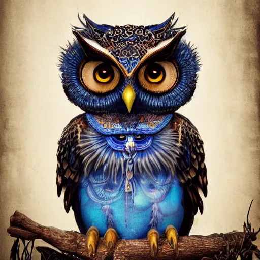 Prompt: thai cute owl, charactor, with big sweet eyes, blue, gothic, steam punk, thai dance suit, hyper detailed, stylistic, symmetrical, 3 d render, photorealitic, 8 k. octane render