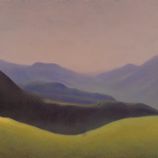 Prompt: a painting depicting a mountainous view with green hills and trees by mikalojus konstantinas ciurlionis, deviantart, australian tonalism, oil on canvas, matte drawing, henry moore
