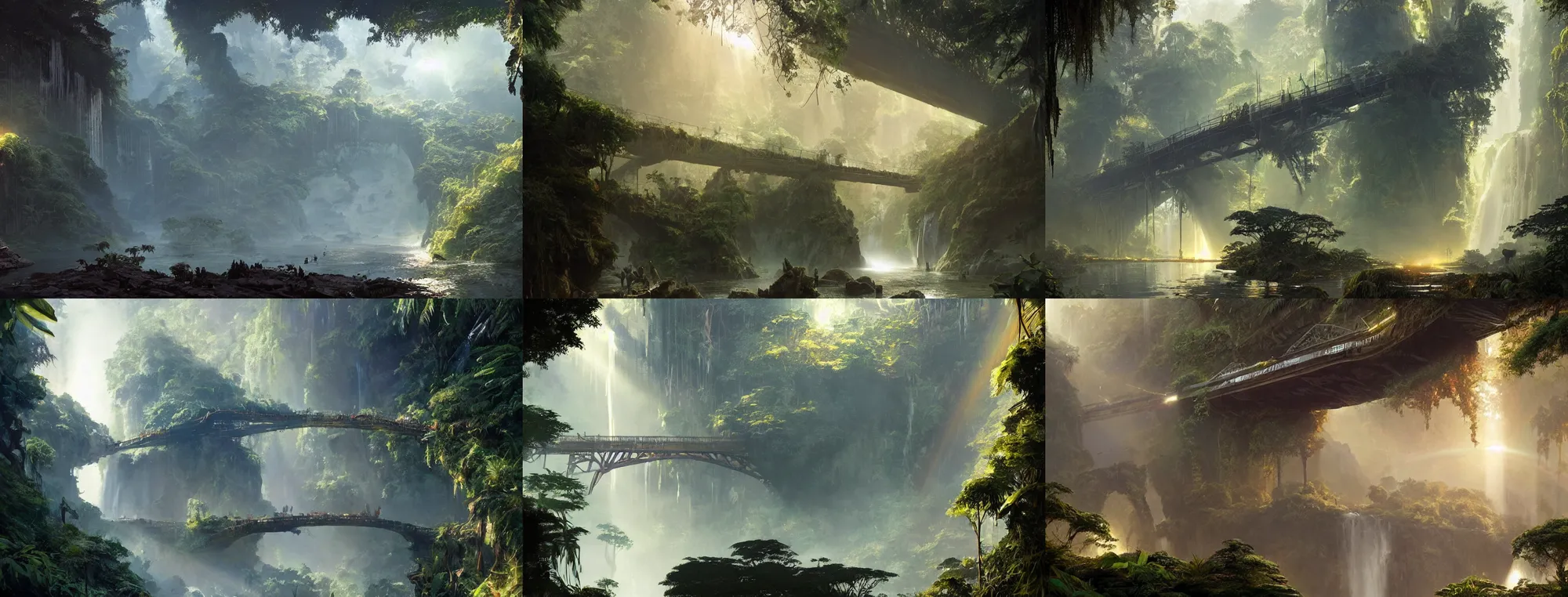 Prompt: ancient alien jungle, waterfalls, bridge, first light, sunshafts, by greg rutkowski, trending on artstation