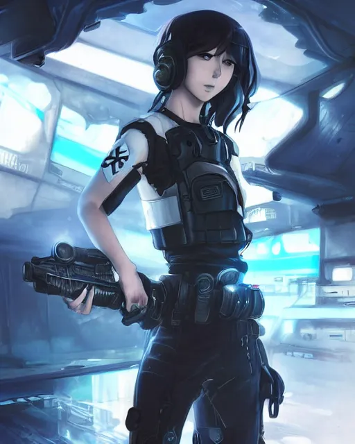 Image similar to nami, anime key visual of a young female swat officer, neon, cyberpunk, futuristic, white top, black vest, stunning, highly detailed, digital painting, smooth, soft focus, illustration, 4 k digital art from artstation by artgerm and greg rutkowski and alphonse mucha