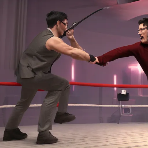 Image similar to Markiplier fighting Senator Armstrong, photorealistic, high resolution, cinematic lighting