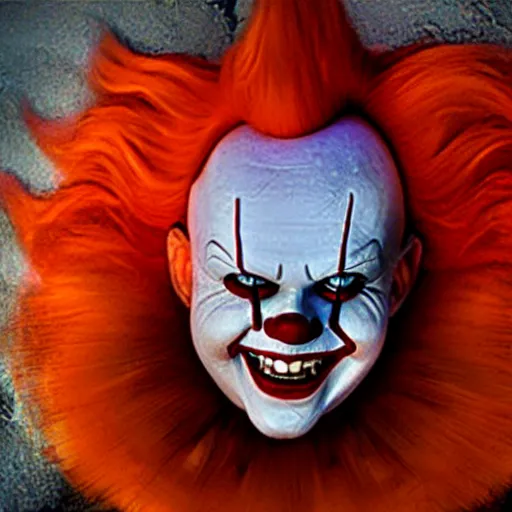 Prompt: pennywise the clown with sharp teeth, red nose and orange hair smiling evilly from storm drain