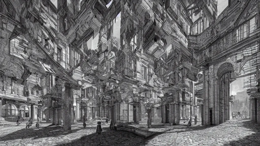 Prompt: a beautiful hyper realistic detailed matte painting of a a confusing place where the perspective is a broken concept, dramatic lighting, dynamic lighting, cinematic lighting, dynamic lighting, cinematic lighting, lit by morning light, by maurits cornelis escher, black and white, featured on artstation, ultrawide angle