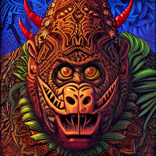 Image similar to barong family member, wiwek, mara demon, one single tribe member, jungle, one single mask, dark, ancient warrior, gorilla, lizard, tribal, inner glow, art by dan mumford and justin gerard