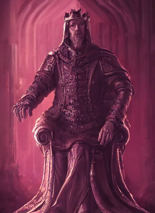 Image similar to a full length portrait of an old medieval king on the cyberpunk throne, dark purple color scheme, grim - lighting, high - contrast, intricate, elegant, highly detailed, digital painting, artstation, concept art, smooth, sharp focus, illustration