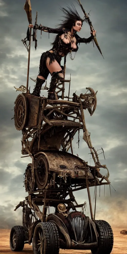 Prompt: vertical movie frame with female warrior standing on tall steam punk buggy with wood wheels, hunting, armor inspired by bikini and doom and fashion, mad max in acnient times, strong blooded body, brutal blooded sluty symmetrical face, epic, award winning, establishing shot, extremely high detail, photorealistic, brutal, provocative, octane render, editorial, documentary photography