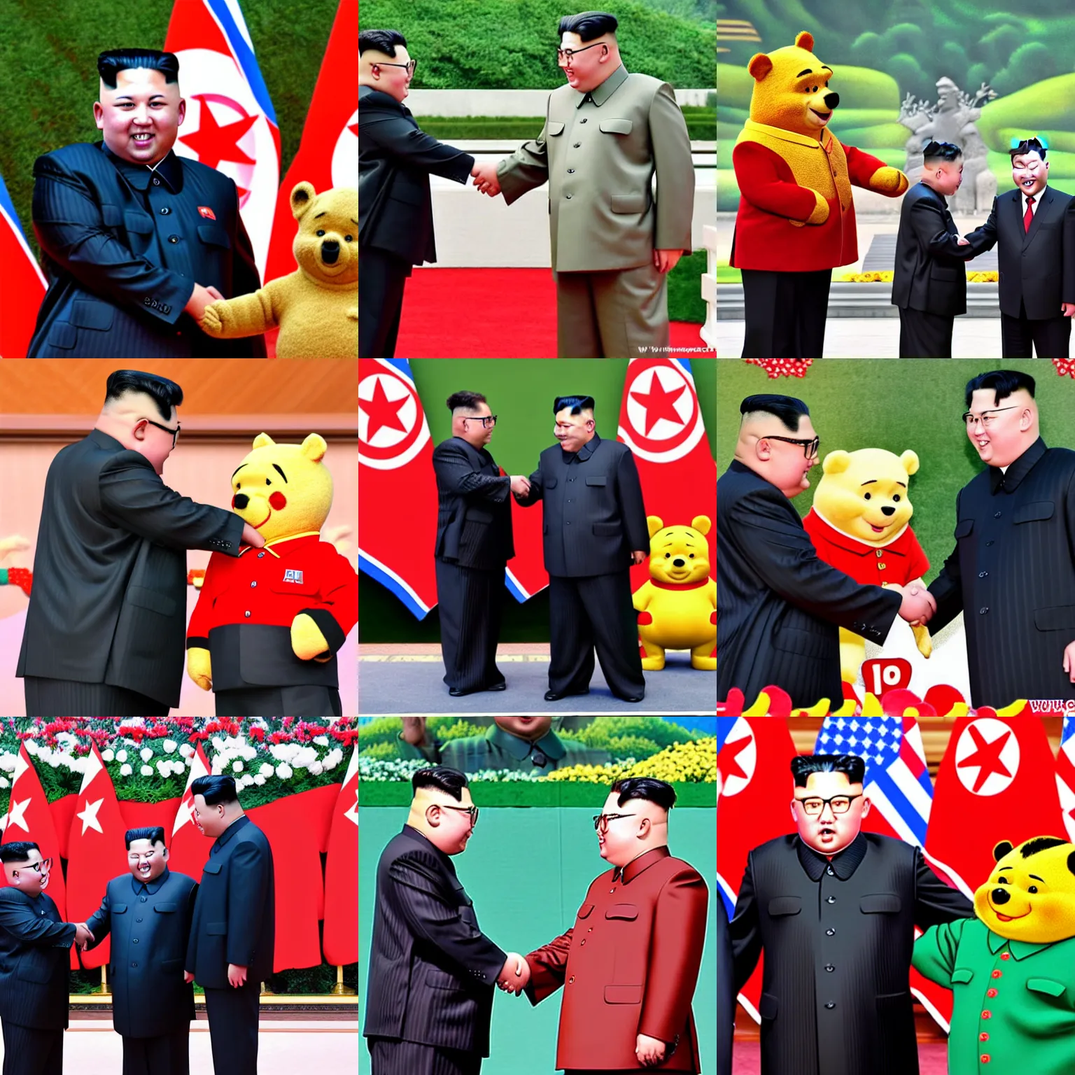 Prompt: kim jong un shaking hands with winnie the pooh on podium, in front of citizens