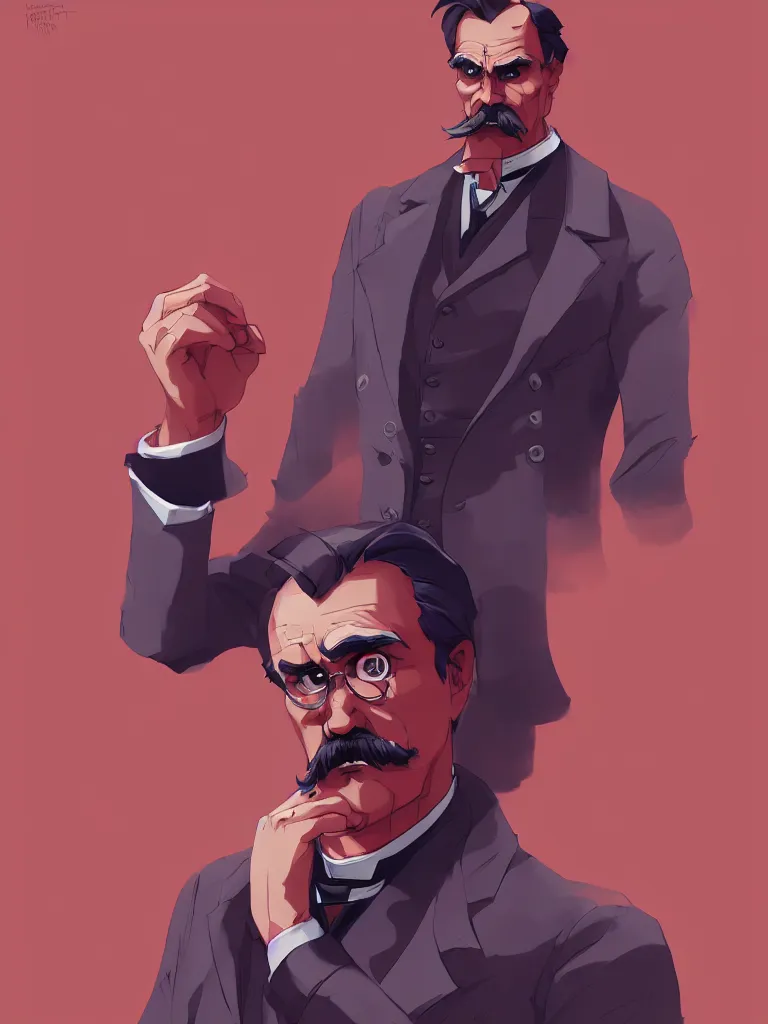 Prompt: character art of Friedrich Nietzsche with a chiseled Jawline and serious Look in his Suit, in the Style of Artgerm and Ross Draws and Mike Mignola and Atey Ghailan, rimlight, vibrant colors, hard shadows, colorful, trending on artstation