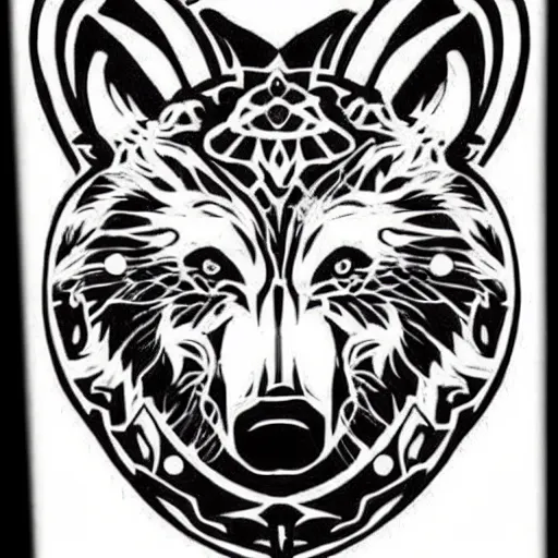 Prompt: concept tattoo design, stencil, bear, wreath surrounding wolf