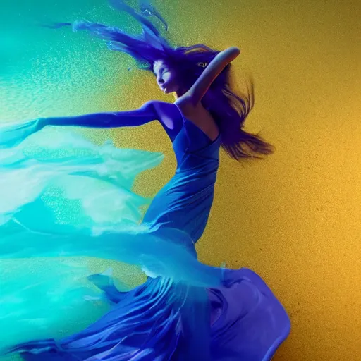 Image similar to beautiful modern woman dancing underwater wearing a flowing dress made of blue, magenta, and yellow seaweed, delicate coral sea bottom, swirling silver fish, swirling smoke shapes, octane render, caustics lighting from above, cinematic