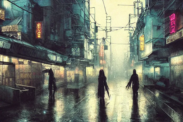 Image similar to a dystopian cyberpunk painting of a rain soaked back street in osaka at dusk, neon lights, dark figures walking, digital art, trending on artstation, horror, dark university aesthetic, by studio ghibli and greg rutkowski. zdzisław beksinski!!!!! spirited away. trending on artstation, hyperrealism, unreal engine