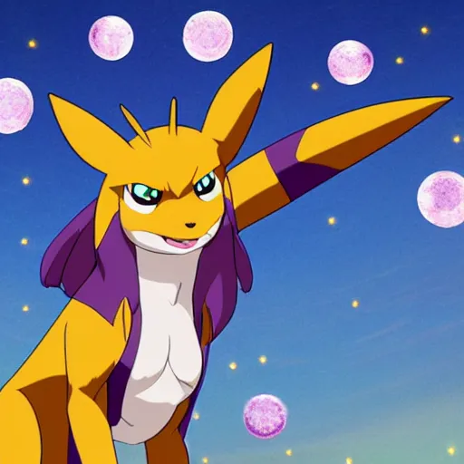 Prompt: Renamon from Digimon in front of the moon by a shimmering lake, sakura petals around her, moonlight, elegant, nighttime, low angle, stars,